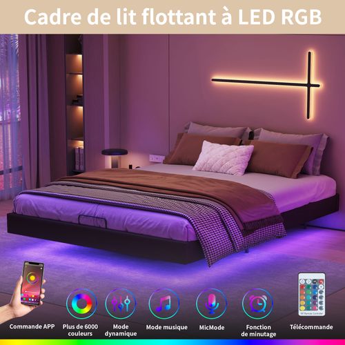 AOGLLATI Lit Flottant,140×200 CM, Cadre De Lit Métal Avec Éclairage LED