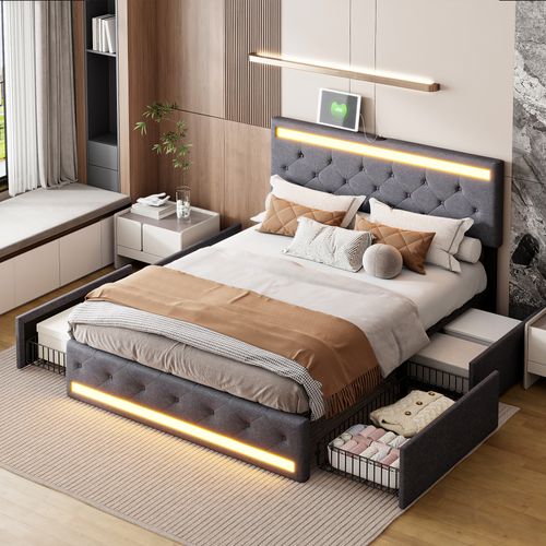 Lit Double 140x190 Cm Avec Rangement Hydraulique Et Tête De Lit LED RGB - Ports USB/Type-C, étagères Intégrées - Tissu Lin Gris Capitonné - Sans Matelas