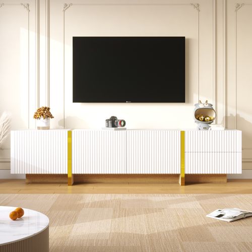 Meuble TV Moderne 190 Cm, 2 Tiroirs, 3 Portes, Finition Laquée Blanc, Design Épuré Et Élégant