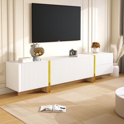 Meuble TV Moderne 190 Cm, 2 Tiroirs, 3 Portes, Finition Laquée Blanc, Design Épuré Et Élégant