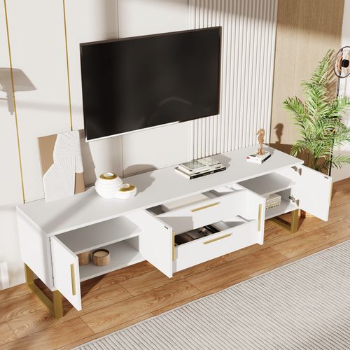 Meuble TV Brillant Avec Accents Dorés, Porte Texturée Gravée, Alliant Luxe Et Fonctionnalit - Blanc
