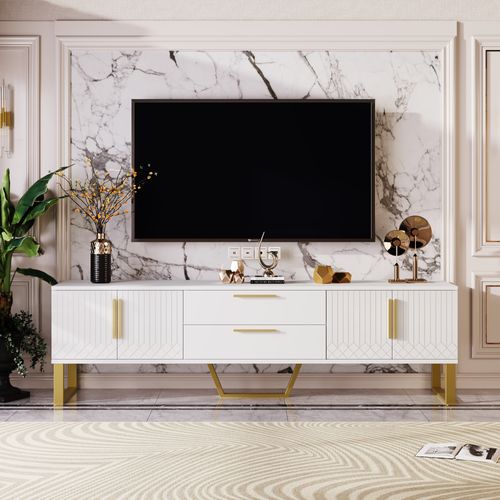 Meuble TV Brillant Avec Accents Dorés, Porte Texturée Gravée, Alliant Luxe Et Fonctionnalit - Blanc