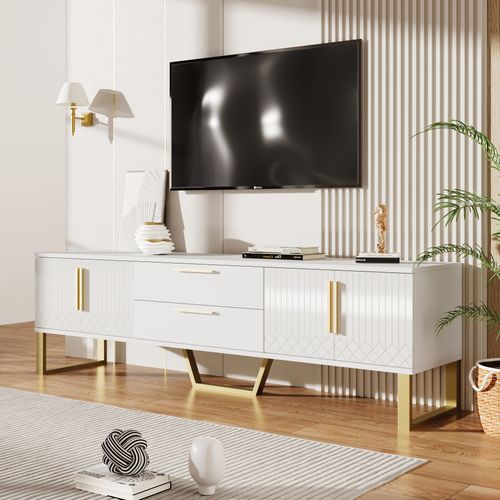 Meuble TV Brillant Avec Accents Dorés, Porte Texturée Gravée, Alliant Luxe Et Fonctionnalit - Blanc