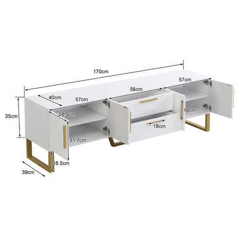 Meuble TV Brillant Avec Accents Dorés, Porte Texturée Gravée, Alliant Luxe Et Fonctionnalit - Blanc