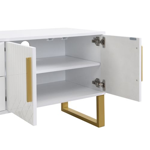 Meuble TV Brillant Avec Accents Dorés, Porte Texturée Gravée, Alliant Luxe Et Fonctionnalit - Blanc