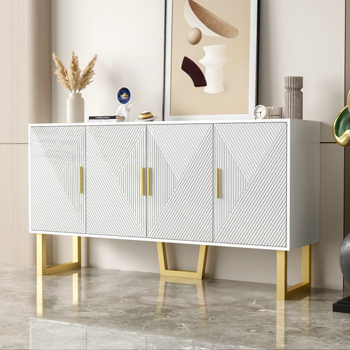 Buffet Moderne 150 Cm 4 Portes Brillantes - Poignées Dorées - Étages Réglables - Pieds Dorés - Blanc Haute Brillance