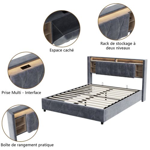 Lit Coffre 160x200 Cm Avec Rangement Et LED - Sommier à Lattes, Ports USB/C - Blanc, Idéal Chambre Adulte - 2