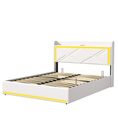 Lit Coffre 140x200 Avec Sommier, LED Et Ports USB - Tête De Lit Escamotable, Rangement Intégré - Noir