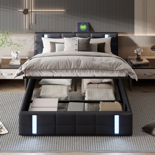 Lit Coffre 140x200 Avec Tiroirs - Tête De Lit LED USB - Gris Foncé - Rangement Pratique