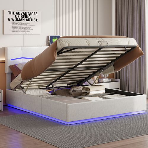 Lit Coffre 160x200 Cm Avec Rangement Et LED - Sommier à Lattes, Ports USB/C - Blanc, Idéal Chambre Adulte - 4
