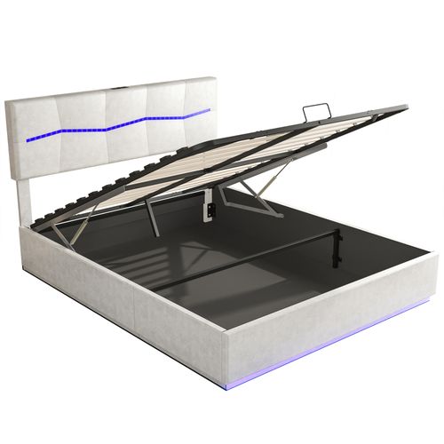 Lit Coffre 160x200 Cm Avec Rangement Et LED - Sommier à Lattes, Ports USB/C - Blanc, Idéal Chambre Adulte - 7