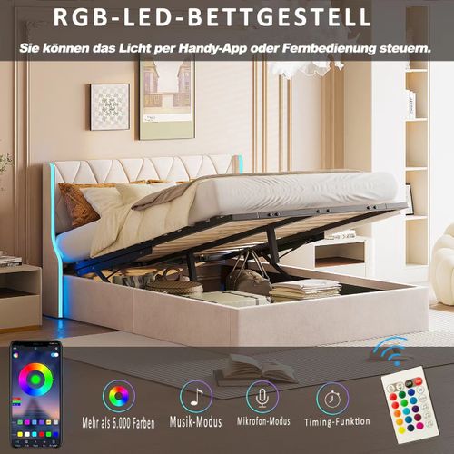 Lit Double 140x200 Avec Rangement LED USB | Lit Coffre Tête De Lit Rembourré - Sans Matelas