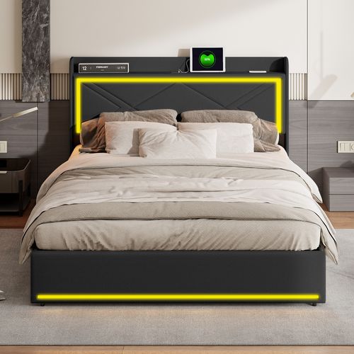 Lit Coffre Double 140x200 Avec Tête De Lit LED RGB Et Ports USB - Rangement Hydraulique, Simili Cuir, Sommier à Lattes Inclus
