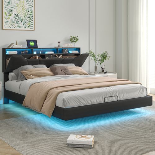 Lit Coffre 160x200 Cm Avec Rangement Et LED - Sommier à Lattes, Ports USB/C - Blanc, Idéal Chambre Adulte - 5