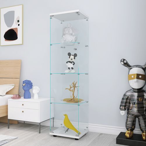 Vitrine En Verre 4 Étagères, 1 Porte, 164x42.5x36.5 Cm, Meuble Pour Collection, Blanc, Transparent