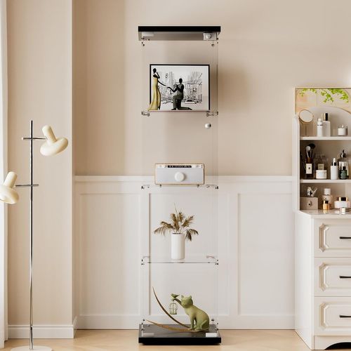 Vitrine En Verre 4 Étagères, 1 Porte, 164x42x36 Cm, Meuble Pour Collection, Noir, Transparent