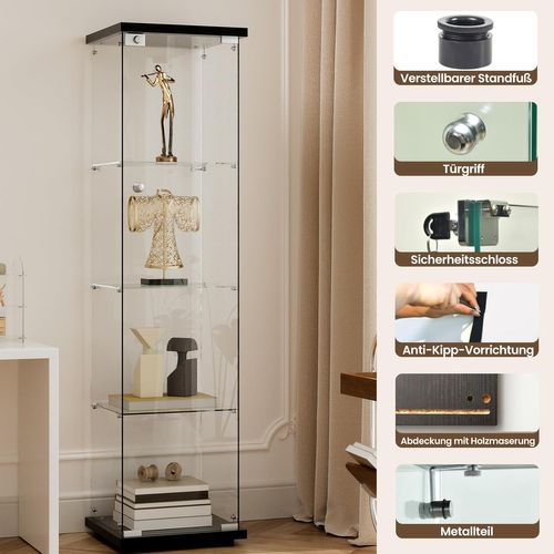 Vitrine En Verre 4 Étagères, 1 Porte, 164x42x36 Cm, Meuble Pour Collection, Noir, Transparent