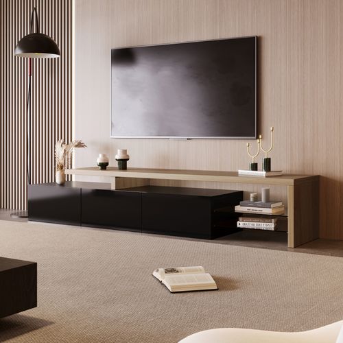 Meuble TV Moderne Avec Lumières LED Variables, 3 Portes Et Étagères En Verre – Noir