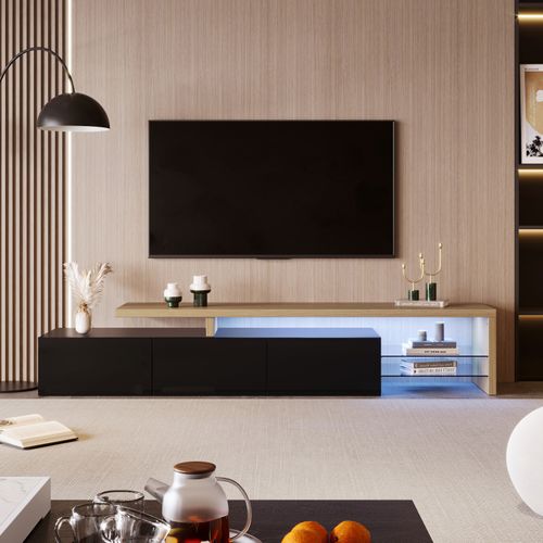 Meuble TV Moderne Avec Lumières LED Variables, 3 Portes Et Étagères En Verre – Noir