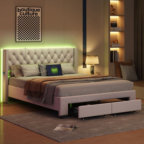 Lit 140x190cm Avec Rangement Et LED, Sommier à Lattes, Lit Double Capitonné Avec USB, Velours, Beige