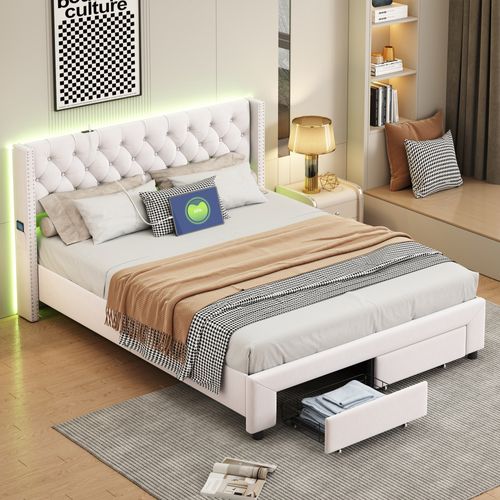 Lit 140x190cm Avec Rangement Et LED, Sommier à Lattes, Lit Double Capitonné Avec USB, Velours, Beige