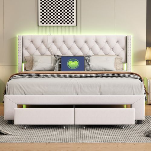 Lit 140x190cm Avec Rangement Et LED, Sommier à Lattes, Lit Double Capitonné Avec USB, Velours, Beige