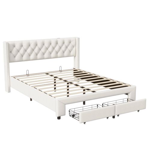 Lit 140x190cm Avec Rangement Et LED, Sommier à Lattes, Lit Double Capitonné Avec USB, Velours, Beige