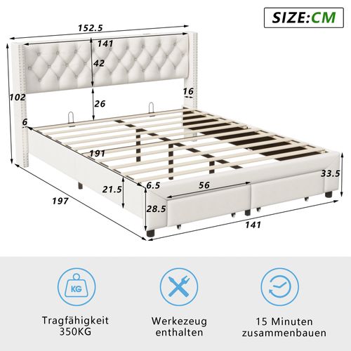 Lit 140x190cm Avec Rangement Et LED, Sommier à Lattes, Lit Double Capitonné Avec USB, Velours, Beige