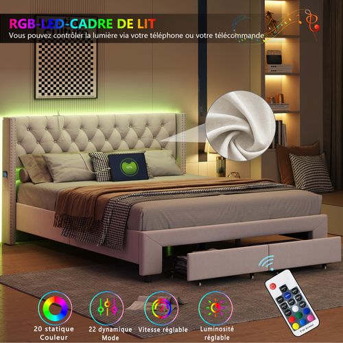Lit 140x190cm Avec Rangement Et LED, Sommier à Lattes, Lit Double Capitonné Avec USB, Velours, Beige