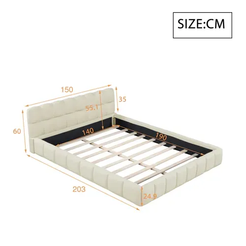 Lit Adulte 140x190cm En Lin Avec Dossier Moelleux, Lit Plat Avec Sommier à Lattes, Beige