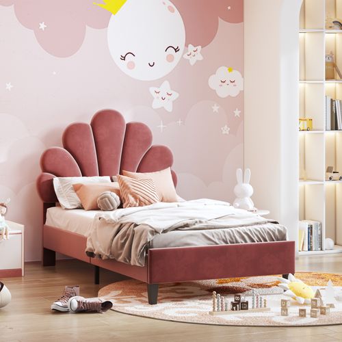 Lit Simple Capitonnés 90 X 200 Cm, Tête De Lit En Forme De Fleur, Sommier à Lattes, Velours, Rouge