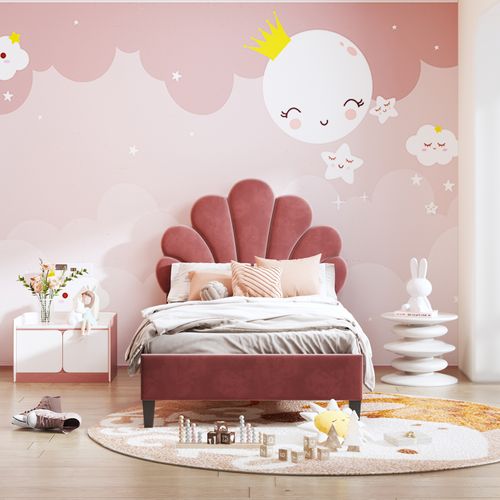 Lit Simple Capitonnés 90 X 200 Cm, Tête De Lit En Forme De Fleur, Sommier à Lattes, Velours, Rouge