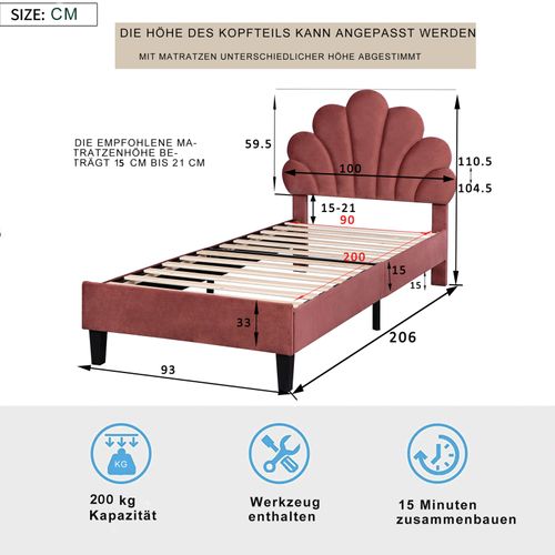 Lit Simple Capitonnés 90 X 200 Cm, Tête De Lit En Forme De Fleur, Sommier à Lattes, Velours, Rouge