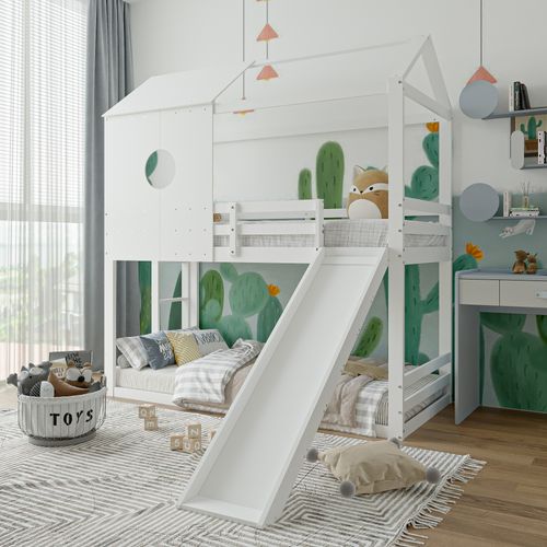 Lit mezzanine 90x200cm, lit enfant en bois massif avec sommier à latte et séchelle de sécurité, gris