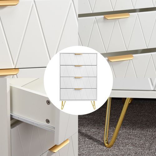 Commode à 4 Tiroirs, Grande Commode De Rangement Avec Pieds En Métal - Diamant Blanc