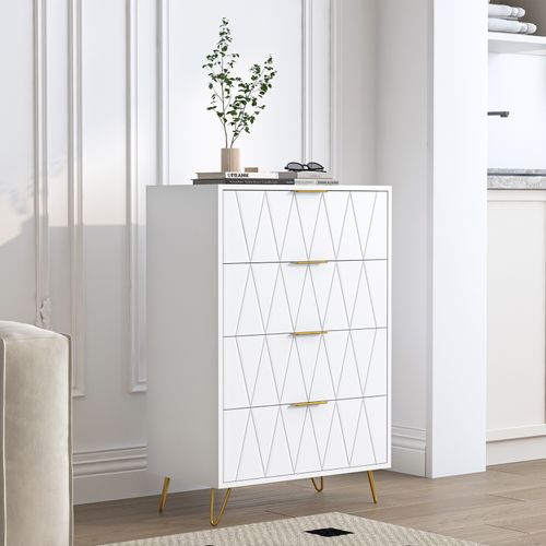 Commode à 4 Tiroirs, Grande Commode De Rangement Avec Pieds En Métal - Diamant Blanc