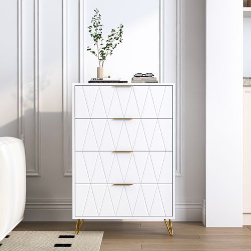 Commode à 4 Tiroirs, Grande Commode De Rangement Avec Pieds En Métal - Diamant Blanc