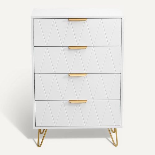 Commode à 4 Tiroirs, Grande Commode De Rangement Avec Pieds En Métal - Diamant Blanc