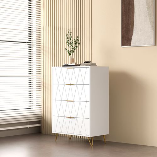 Commode à 4 Tiroirs, Grande Commode De Rangement Avec Pieds En Métal - Diamant Blanc