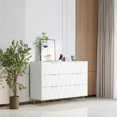 Commode à 6 Tiroirs - En Bois - Pour Chambre à Coucher, Salon- 100 X 34 X 73 Cm - Blanc