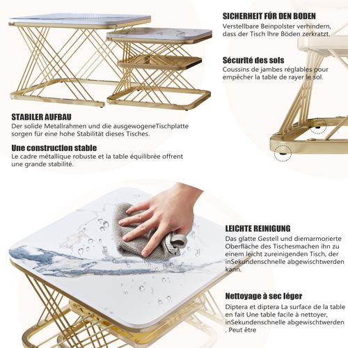 Lot De 2 Tables Basses Gigognes, Carrées Table D'appoint, Doré
