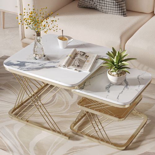 Lot De 2 Tables Basses Gigognes, Carrées Table D'appoint, Doré