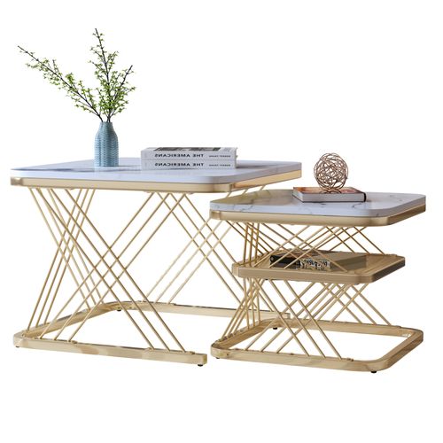 Lot De 2 Tables Basses Gigognes, Carrées Table D'appoint, Doré