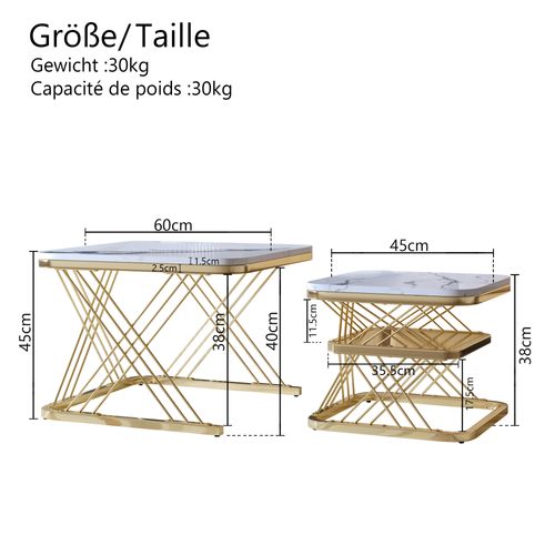 Lot De 2 Tables Basses Gigognes, Carrées Table D'appoint, Doré
