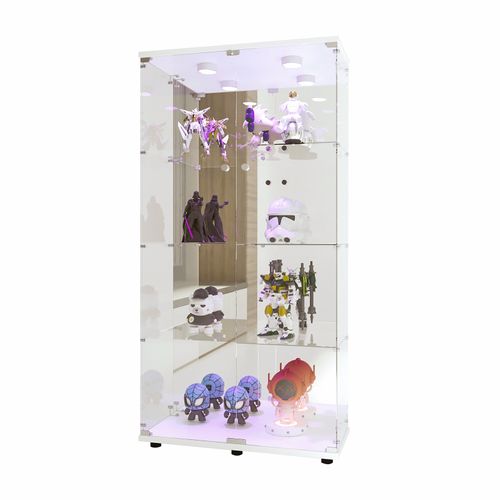 Vitrine En Verre Avec 4 Étagères, Vitrine à 2 Portes Avec Lumière Et Serrure, Blanc