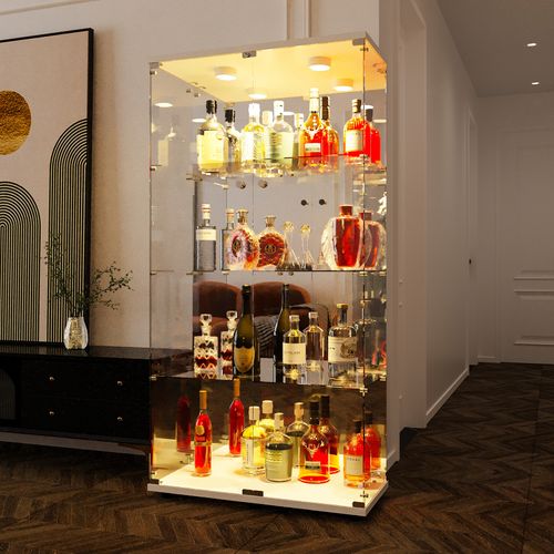 Vitrine En Verre Avec 4 Étagères, Vitrine à 2 Portes Avec Lumière Et Serrure, Blanc