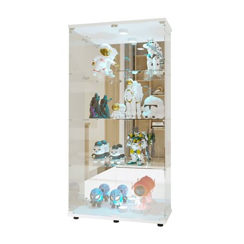 Vitrine En Verre Avec 4 Étagères, Vitrine à 2 Portes Avec Lumière Et Serrure, Blanc