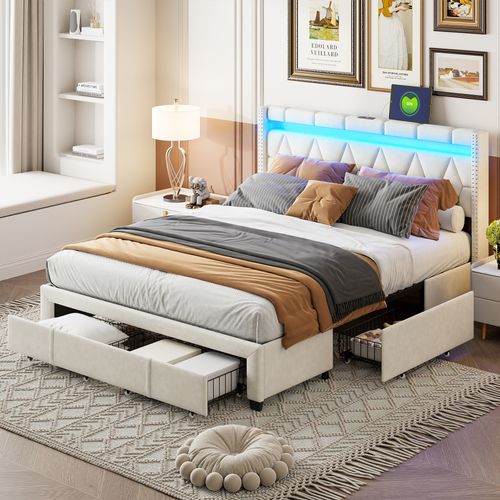 Canapé-lit Capitonné En L 140x200 Cm Avec Lumières LED Et Port USB - Rangement Intégré Et Tête De Lit Confortable - Couleur Beige - 9