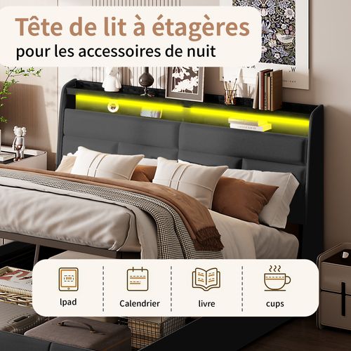 Lit Double 160x200cm Avec Prise USB Et éclairage LED, Tête De Lit Coffre Réversible, Structure Métal, Lin, Lit Capitonné - Beige