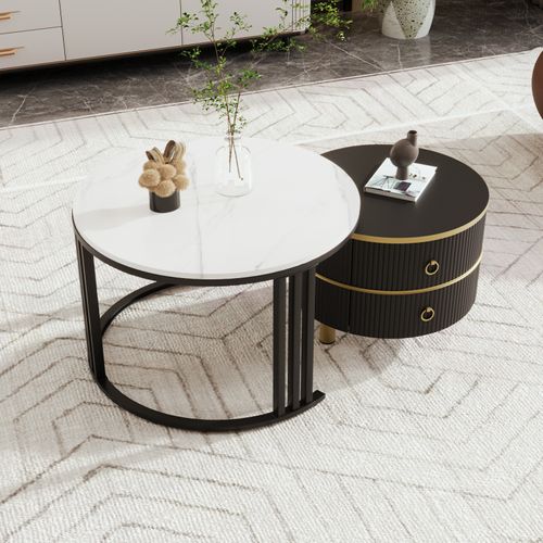 Table Basse Ronde 2 Pièces - 70x70cm + 45x45cm, Effet Marbre Brillant, Pieds Métal Or | Ensemble Imbriquable Pour Salon